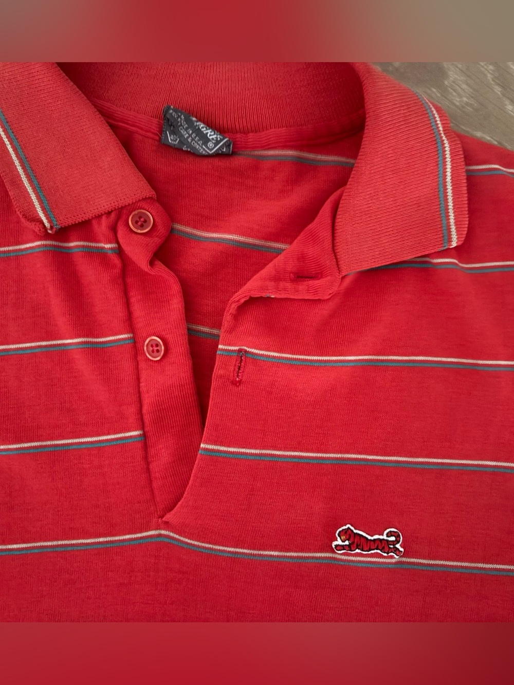 Vintage Men's Red Striped Polo Shirt with Embroidered Tiger Logo